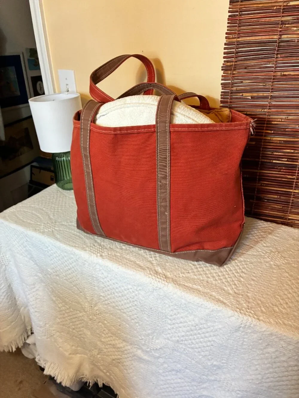 Vintage L.L. Bean XL Boat & Tote Bag Burnt Orange Brown Long Handle